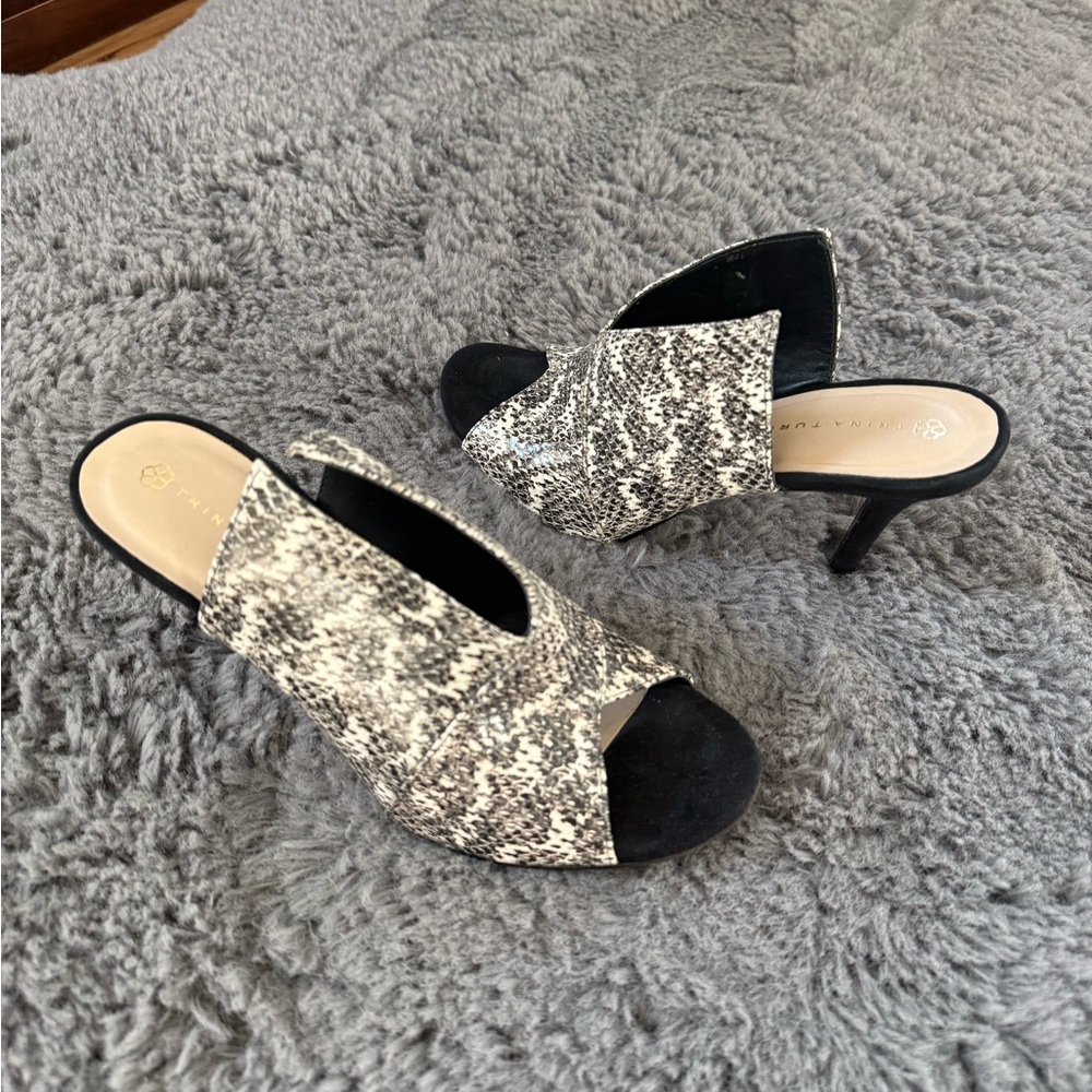 Trina Turk Black and Cream Snakeskin Mules